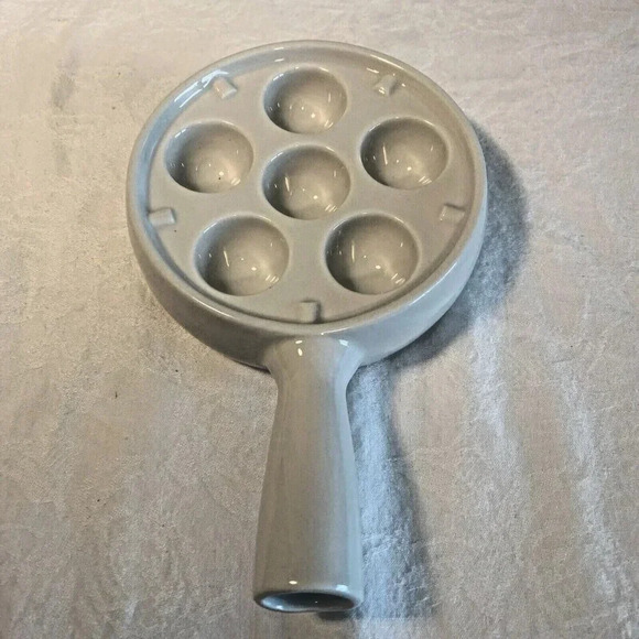 4 pc Escargot Snail Dishes 6 Hole White Porcelain with Handle 7 3/4 in - Picture 2 of 8